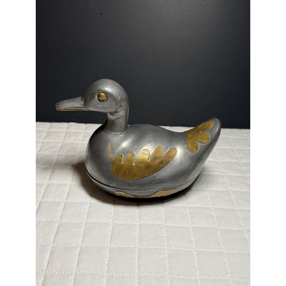 Vintage Pewter Duck Trinket Box Brass Leaf Inlay Mallard Figurine Decor 5 inch